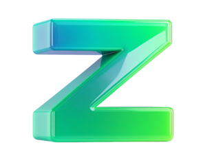 Glossy, gradient green-blue letter "Z" against a black background