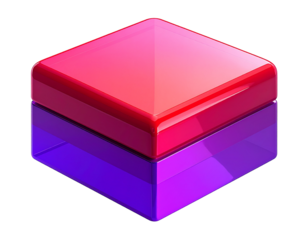 Glossy, layered cube with top red and bottom purple, set against black