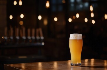 Cold craft beer glass with foam on a wooden bar counter in a dark, atmospheric pub or brewery, creating a relaxing and inviting nighttime experience
