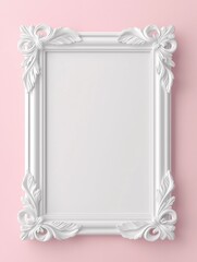 Ornate white baroque frame mounted on soft pink wall, framing empty space with graceful architectural detail and vintage aesthetic