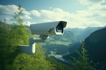 Security camera observing a natural mountain landscape under a bright sky, representing monitoring and privacy