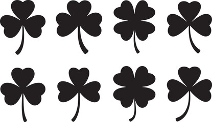 Collection Of Black Silhouette Shamrocks And Four Leaf Clovers On White Background Keywords: shamrock, clover, four leaf clover, lucky, ireland, irish, tradition, symbol, icon, collection, set