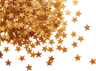 A shimmering cascade of small textured gold star confetti falling and scattering creating a festive and celebratory mood gold stars star shapes metallic transparent background