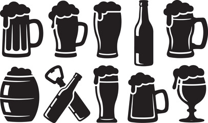 Collection of Black Silhouettes of Beer Mugs Bottles and Barrel glass