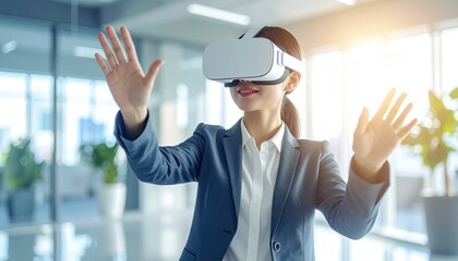 Young Businesswoman Wearing Vr Headset Interacting with Virtual World