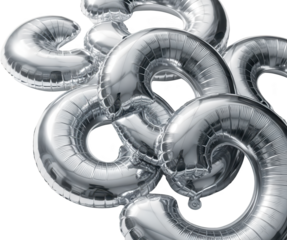A group of shiny silver number balloons including a three and other rounded numeral shapes clustered together numbers party celebration decoration object transparent background