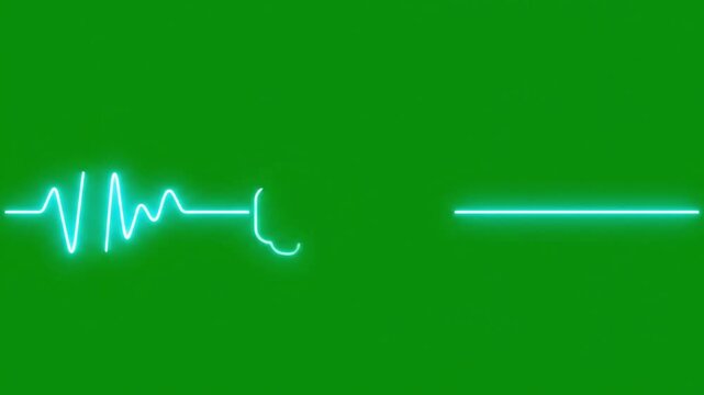 Neon electrocardiogram line showing a heartbeat and then flatlining representing life and death on a green screen background