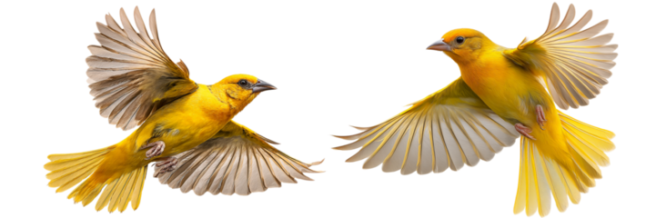 Two yellow birds in flight isolated on transparent background flying together