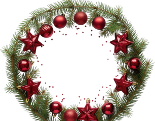 Evergreen Christmas wreath adorned with shiny red baubles and sparkling red star ornaments suggesting festive holiday cheer pine fir branches red stars transparent background