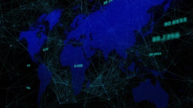 Animation of map with numbers over dots connected with lines against black background