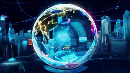 A digital futuristic globe floating in a glowing blue and neon city surrounded by skyscrapers and light trails. 4k Video footage. - Powered by Adobe