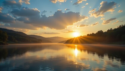 A cinematic wide shot of a river at dawn with mist rising gently from the surface and sunlight illum