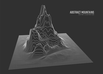 Contour mountain landscape. Waved line art. Abstract minimal topographic map. Contour lines with elevations and terrain depth. Vector illustration.