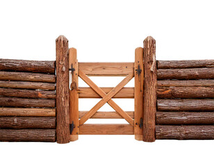 Selective focus wooden log fence gate isolated on transparent or white background