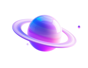 3D rendered planet with pastel rings and two moons on black background