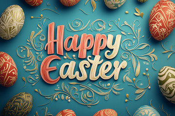 Colorful Easter eggs surround the text "Happy Easter," set against a blue background with decorative floral elements.