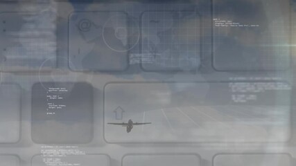 Animation of computer language, over keyboard and low angle view of flying plane against cloudy sky - Powered by Adobe