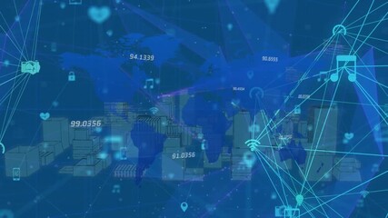 Animation of networks of connections and data processing over world map - Powered by Adobe