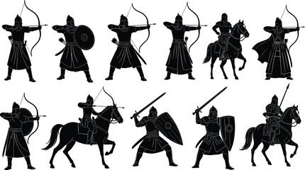 Obraz premium Medieval warrior silhouettes with archers, knights, swords, shields, horses, battle poses, historical vector illustration, black combat character design