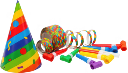 A colorful birthday party hat rolled streamers and a collection of noisemakers all displaying vibrant patterns and bright hues celebration festive fun transparent background