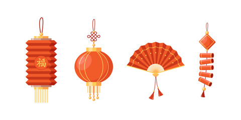 vector illustration of Colorful Red Chinese Lanterns And Hanging Decorations For Chinese New Year Celebration.
