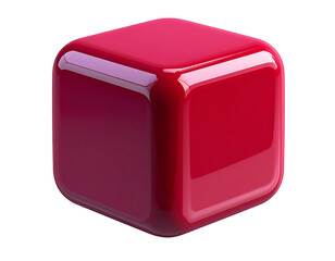 Glossy, rounded-corner crimson cube isolated against stark black backdrop