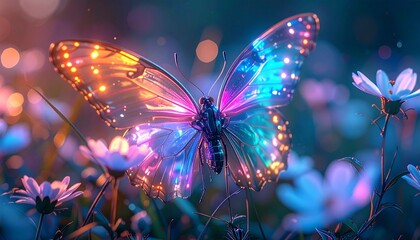 A futuristic biomechanical butterfly glowing with neon hues, translucent wings reflecting rainbow light, perched among wildflowers, shallow depth of field, whimsical sci-fi fantasy mood.