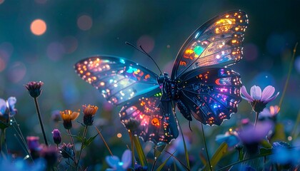 A futuristic biomechanical butterfly glowing with neon hues, translucent wings reflecting rainbow light, perched among wildflowers, shallow depth of field, whimsical sci-fi fantasy mood.