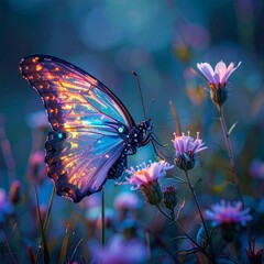 A futuristic biomechanical butterfly glowing with neon hues, translucent wings reflecting rainbow light, perched among wildflowers, shallow depth of field, whimsical sci-fi fantasy mood.