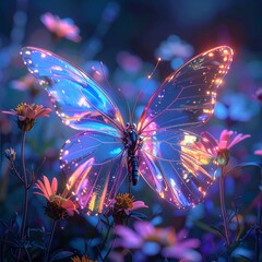 A futuristic biomechanical butterfly glowing with neon hues, translucent wings reflecting rainbow light, perched among wildflowers, shallow depth of field, whimsical sci-fi fantasy mood.