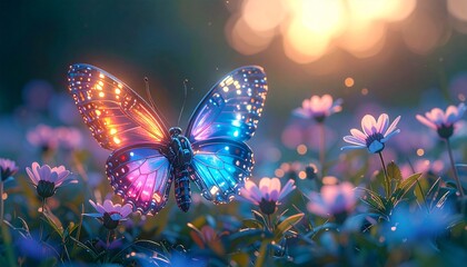 A futuristic biomechanical butterfly glowing with neon hues, translucent wings reflecting rainbow light, perched among wildflowers, shallow depth of field, whimsical sci-fi fantasy mood.