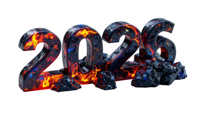 Fiery 2026 text with lava texture and broken rock details on black