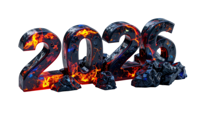 Fiery 2026 text with lava texture and broken rock details on black