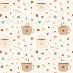 A seamless pattern of a coffee cup featuring colorful hearts and coffee beans scattered across a yellow background. Vector illustration.