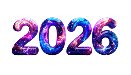 Colorful space-themed numbers "2026" on a dark background