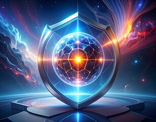 Futuristic digital sphere inside a shield, set against cosmic energy