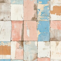 Aged ceramic tiles revealing pastel pink, blue, white tones, displaying weathering through cracked surfaces, peeling paint, and exposed concrete substrate