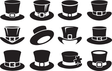 Obraz premium Collection of twelve black leprechaun hats and top hats with buckles and shamrock st patrick's day