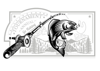 Fishing Rod With Salmon on landscape. Monochrome Banner for fishing, championship or sport club on white.