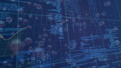 Animation of data processing and covid-19 cells floating against blue background - Powered by Adobe