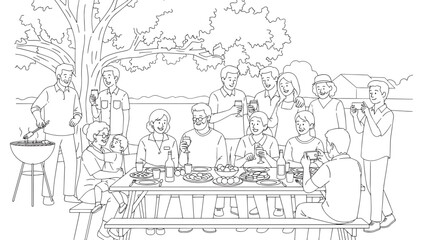 Obraz premium Outdoor group meal gathering around a long table with friends and family in a park setting.