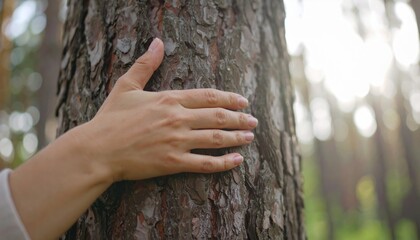 Embracing Nature - A Hand Hugging a Tree Trunk in a Forest.