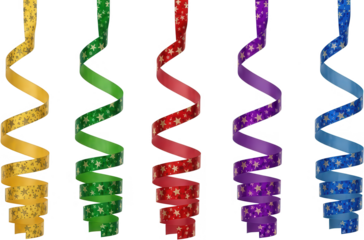 Five colorful curled ribbons with golden star patterns suspended vertically in yellow green red purple and blue hues party streamer decoration celebration transparent background