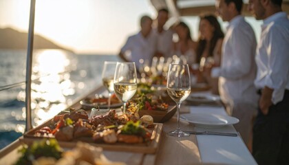 Elegant yacht party with gourmet food and drinks at sunset.