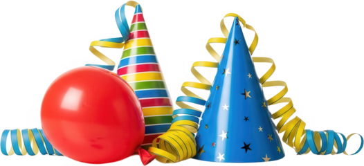 Festive birthday party cone hats a bright red balloon and curly streamers in vibrant blue and yellow tones create a celebratory scene party hats birthday hats transparent background