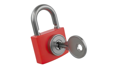 Red padlock with a silver key inserted