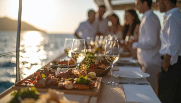 Elegant yacht party with gourmet food and drinks at sunset.