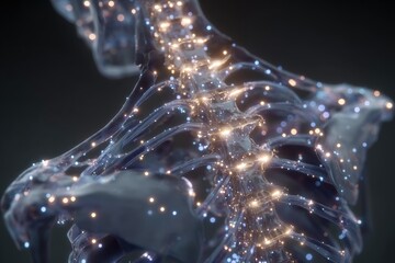 Transparent human upper body with glowing spine and neural network lights, medical technology concept, editable visual ideal for wellness, neuroscience, posture, and health campaigns.