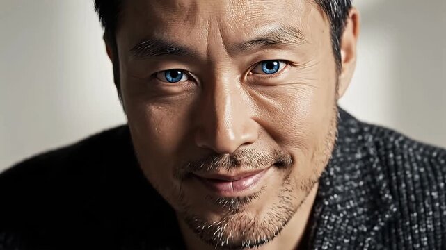 A captivating close-up portrait of a man with striking blue eyes, offering a warm and inviting gaze directly at the viewer. His subtle smile conveys confidence and approachability, while visible facia