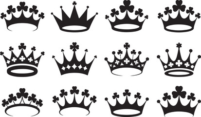 Collection of Twelve Black Silhouette Crowns with Clover Embellishments on White Background icon symbol